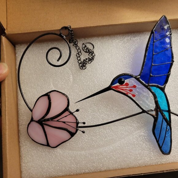 Hummingbird NEW Stained Glass Window Hanging Suncatcher Bird Lovers Flower Decor - Picture 2 of 7